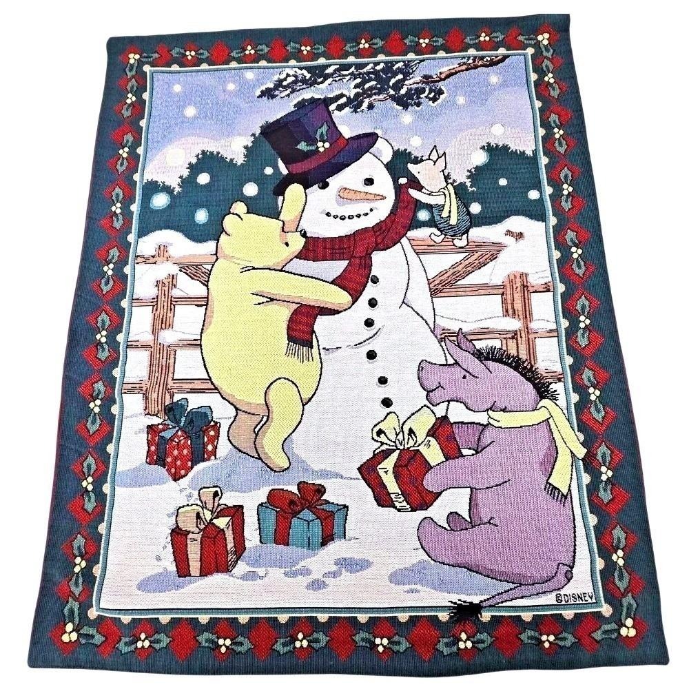 Vtg 1997 Disney Winnie the Pooh Snowman Woven Wall Tapestry Christmas USA Made